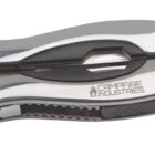 A compact multi-tool with stainless steel components, marked with the logo Campfire Industries. The tool is folded, displaying a sleek design with visible screws and a textured grip section.