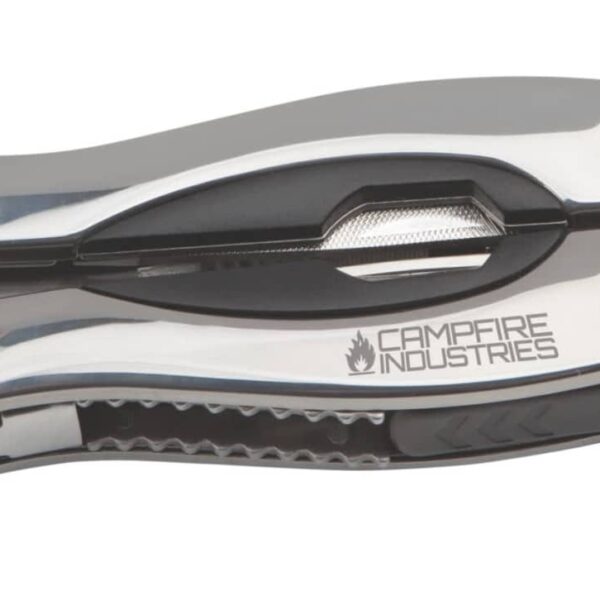 A compact multi-tool with various integrated functions, the tool has a brand logo Campfire Industries on its side. It features a sleek metallic design with visible screws and a compact foldable structure.