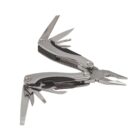 A silver multi-tool with various attachments, including pliers, a saw, a knife, and screwdrivers, is open and displayed against a white background.
