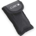 A black fabric pouch with a Velcro flap closure, featuring the text CUBE and a small triangle logo on the flap. The pouch appears to be designed for carrying small items or electronic devices.