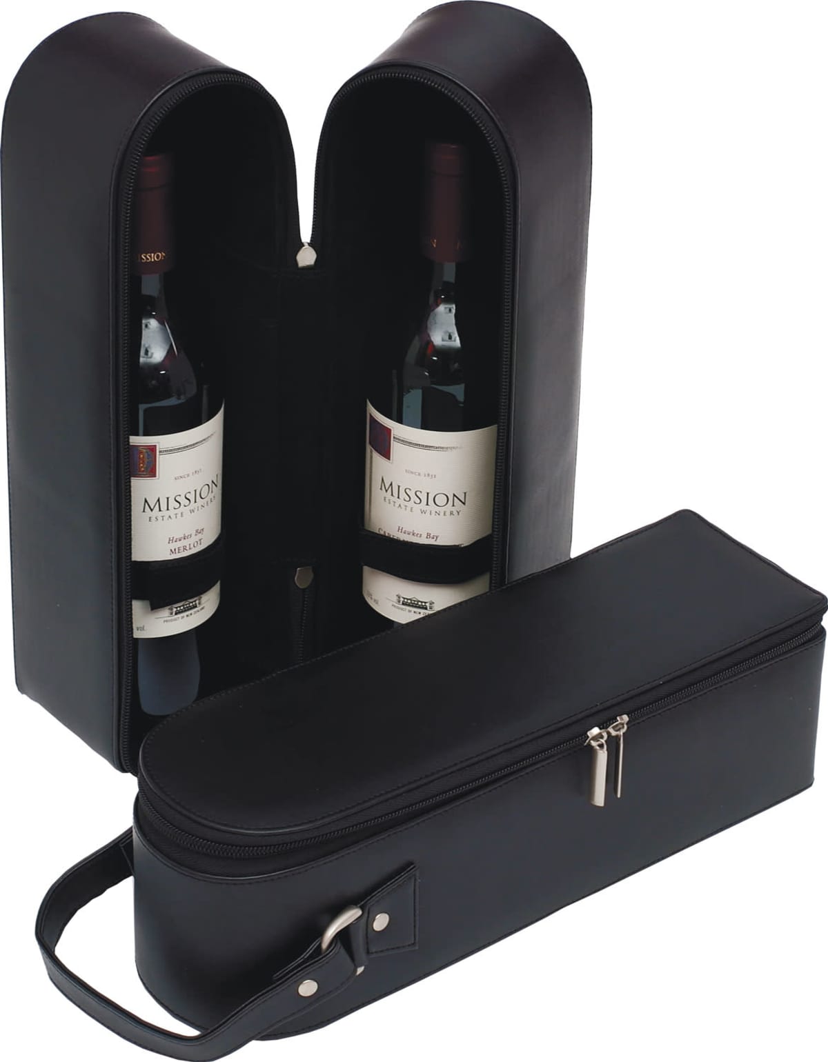 A black leather wine carrier is open, revealing two bottles of red wine inside labeled Mission. Another similar closed carrier, with a handle and zipper, is in front of it.