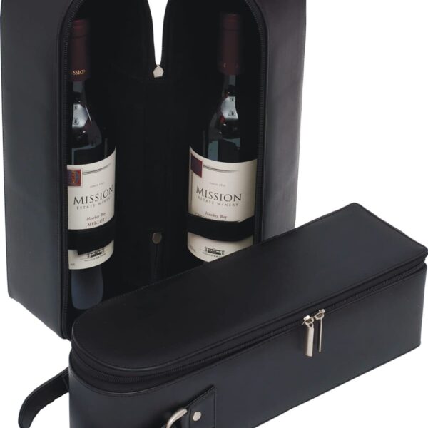 A black leather wine bottle carrier with a handle is open, displaying two bottles of red wine. The case has a zippered closure and is standing upright. Another identical case is shown closed in the foreground.