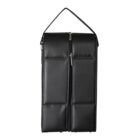 A black, rectangular, padded leather bag with a zipper down the middle, and a handle at the top. The exterior has a quilted pattern with large square sections.