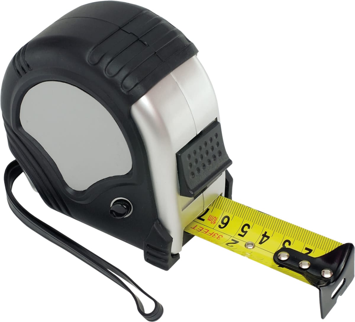 A black and silver retractable measuring tape with a yellow extended tape showing markings from 0 to 7 inches. The tape has a loop handle on one side and a metal hook on the end of the tape.