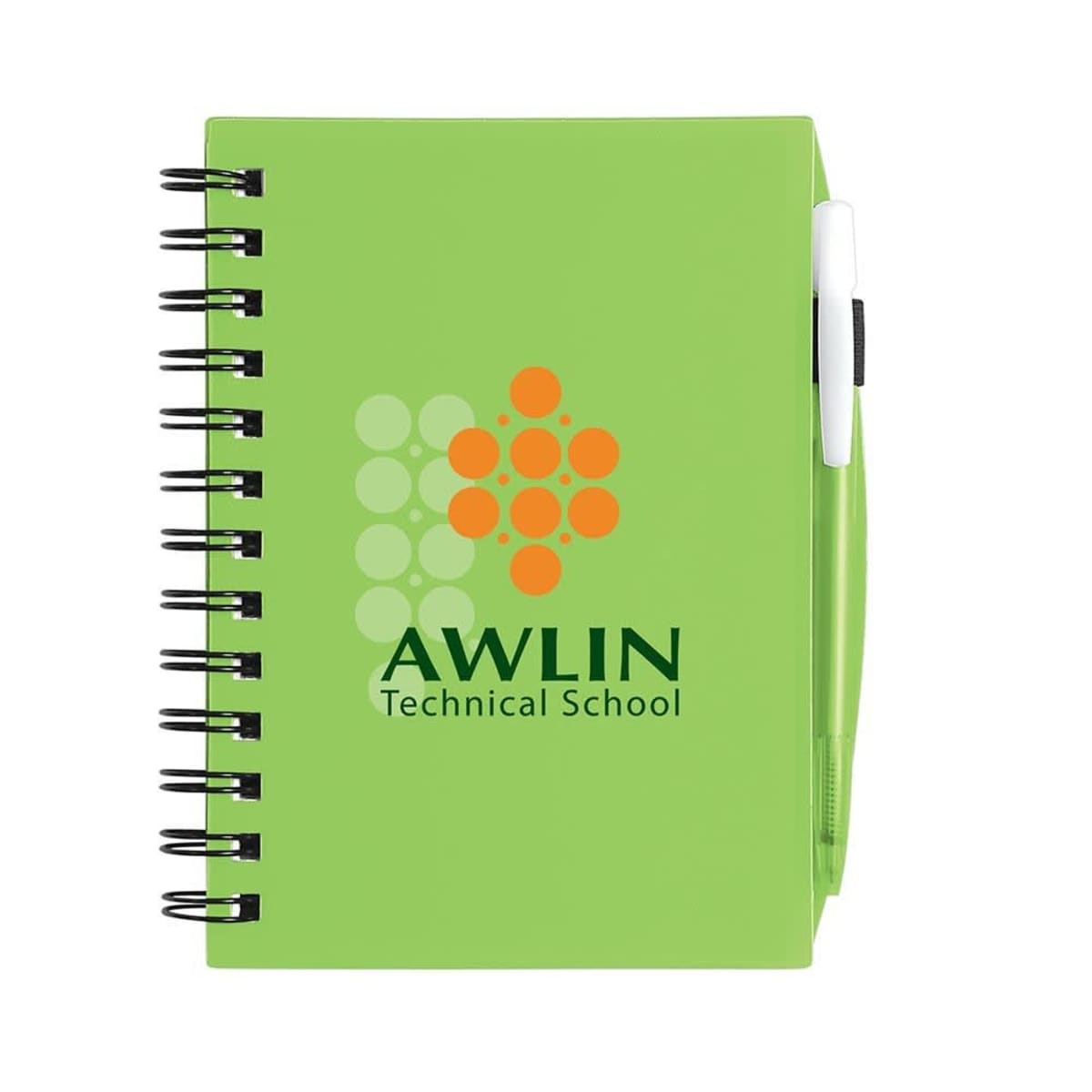 A green spiral-bound notebook with the logo AWLIN Technical School on the cover. The design includes orange and green dots arranged in a pattern. A matching green pen is clipped to the side.