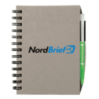 A spiral-bound notebook with a grey cover featuring the NordBrief logo in black and blue. A green pen with white accents is attached to the notebooks side.