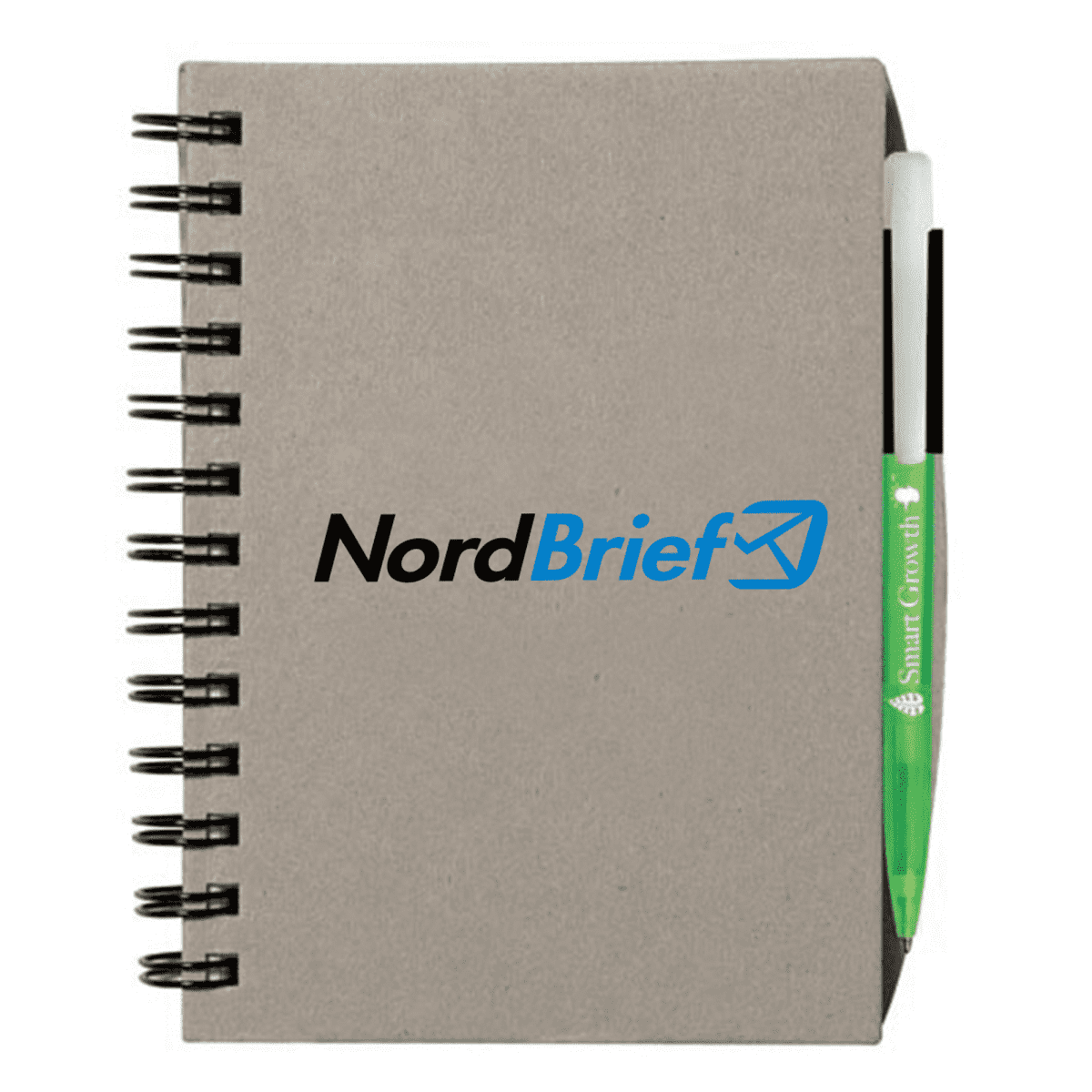 A spiral-bound notebook with a grey cover featuring the NordBrief logo in black and blue. A green pen with white accents is attached to the notebooks side.