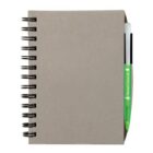 A closed spiral notebook with a plain brown cover sits on a white background. A green pen is clipped to the right side of the notebook, bearing the white text Smart Growth.