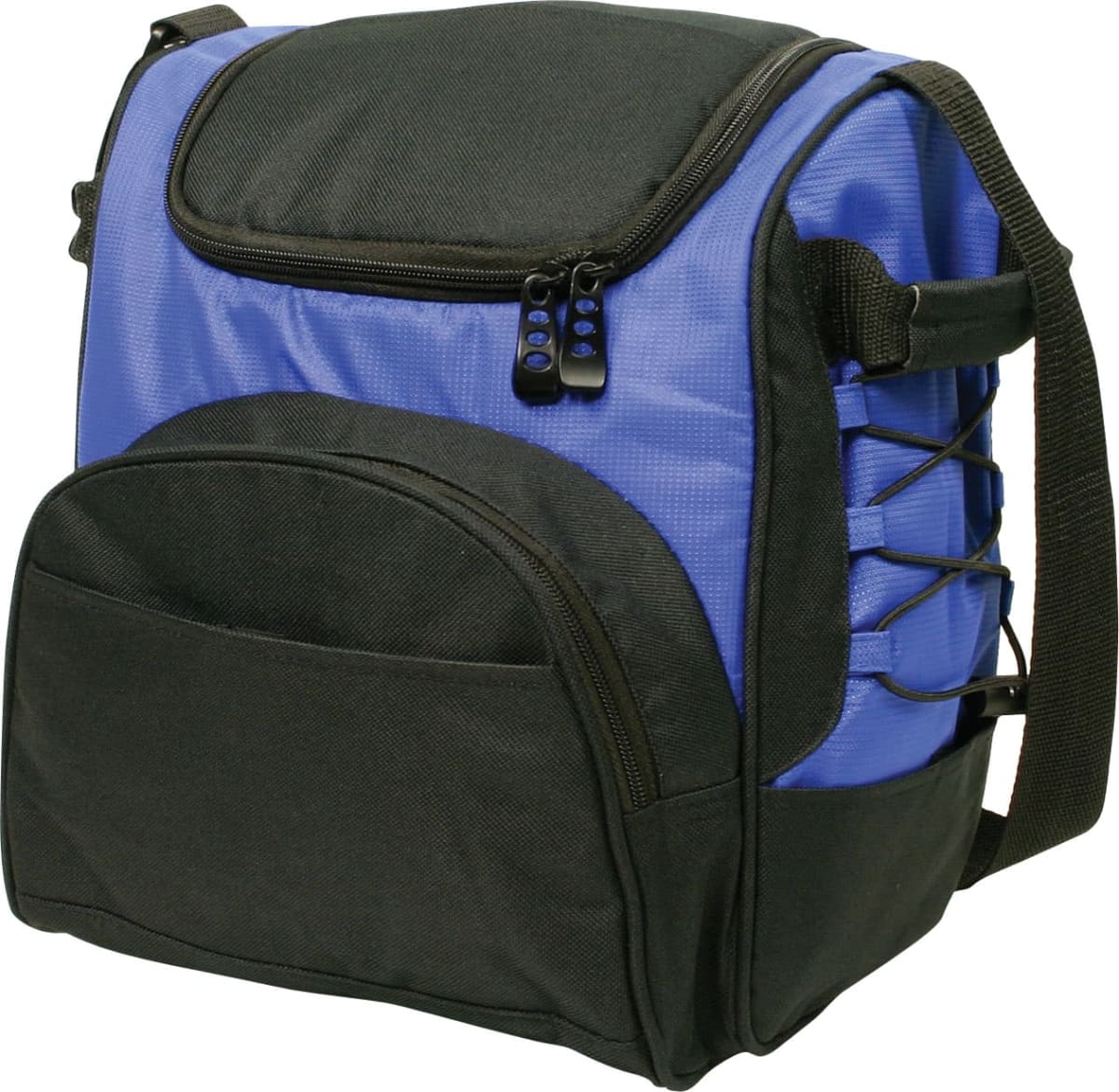 A blue and black backpack with a zipper closure, front pocket, and side lacing. It has a padded shoulder strap and appears sturdy, suitable for travel or everyday use.
