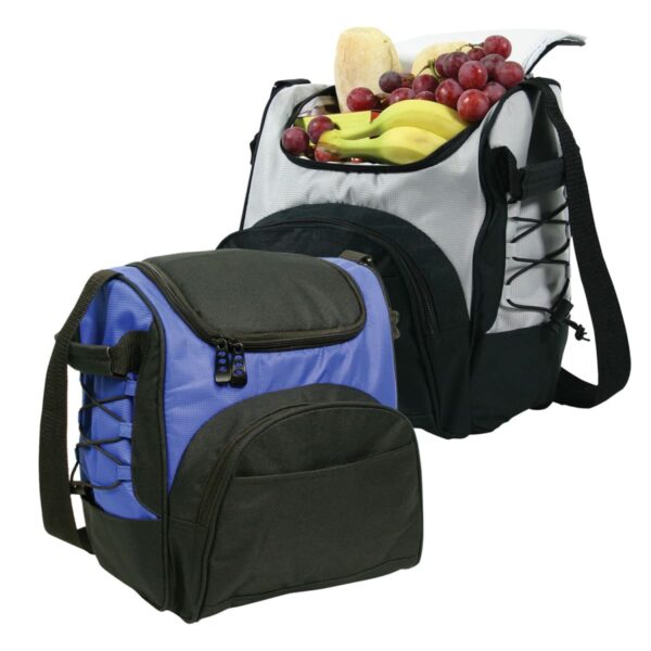 Two insulated lunch bags: one is black and blue with a front pocket and zipper; the other is larger, black and gray, filled with fruits like bananas, grapes, and a pear. Both have adjustable shoulder straps.