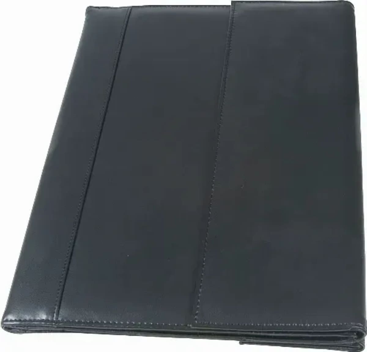 A black leather folder or portfolio, closed and seen from above, with a sleek and minimal design. The stitching is visible along the edges, giving it a polished look.
