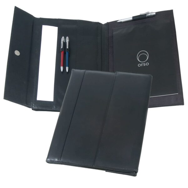 A black leather portfolio folder is open, revealing a pen holder with two pens—one red, one blue—inside. A silver pen is placed at the top. The right side holds a notepad with the word orso on it.