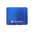 A blue rectangular first aid kit with a white cross and the words FIRST AID KIT printed on the front.