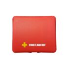 A red first aid kit box with a yellow cross and the words FIRST AID KIT in white lettering on the front.