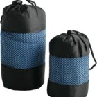 Two black drawstring bags with a blue patterned middle section are shown. One bag is taller than the other. They appear to be made of a textured fabric and have adjustable cinch cords for closing.