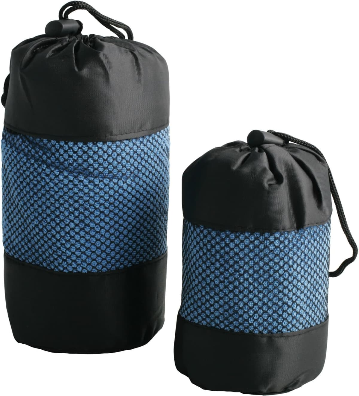 Two black drawstring bags with a blue patterned middle section are shown. One bag is taller than the other. They appear to be made of a textured fabric and have adjustable cinch cords for closing.