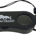 A black pair of binoculars with a neck strap. The binoculars have the MGM Grand logo featuring a lion graphic on the bridge between the lenses.