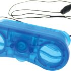 Blue, dual-lens swim goggles with a black adjustable strap and clear lenses.