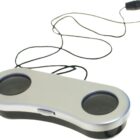A compact silver and black binocular viewer with two lenses, connected by a thin black cord ending in a plastic cover. The device features a simple, rectangular shape with rounded edges.