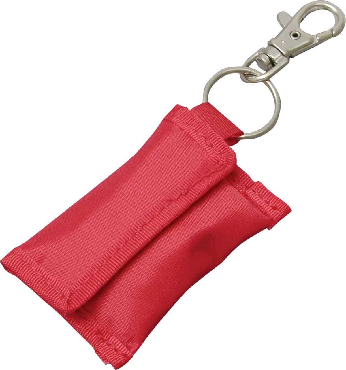 A small red fabric pouch with a flap, attached to a silver keyring and clasp. The clasp is designed for easy attachment to bags or keychains. The pouch appears compact and portable.