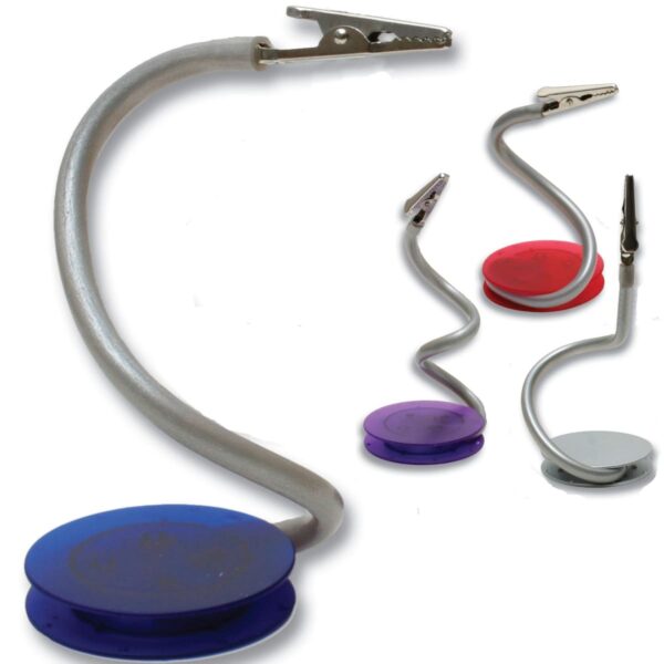 Flexible metal clips with colored bases in blue, purple, red, and silver. The clips are attached to bendable arms, each with a round base for stability.