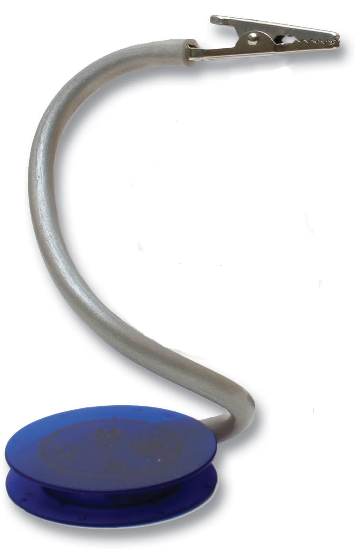 A flexible, metallic arm with an alligator clip at the end, attached to a round, blue plastic base. The base has a silver emblem, and the arm appears to be adjustable, possibly for holding items or displaying notes.