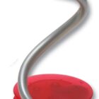 A flexible metal clip holder with a silver, curved stem and a red circular base. It features a metal alligator clip at the top, designed to hold papers or small items. The design is sleek and modern.