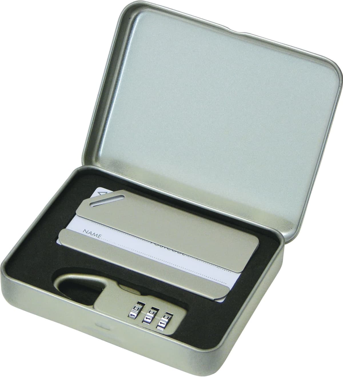 A metal box contains a name tag template and a silver suitcase-style lock with a three-digit combination. The items are set in a black foam insert for protection.