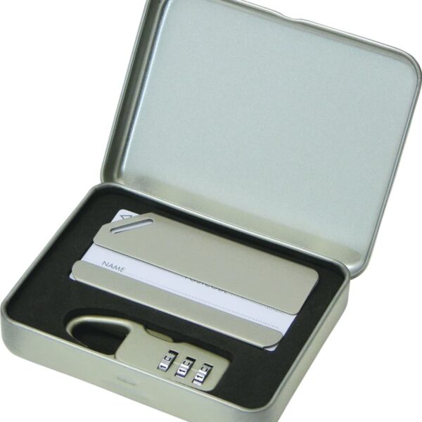 A metal tin box containing a combination padlock and two cards with spaces labeled Name. The interior has a foam lining with cutouts to securely hold the items in place.