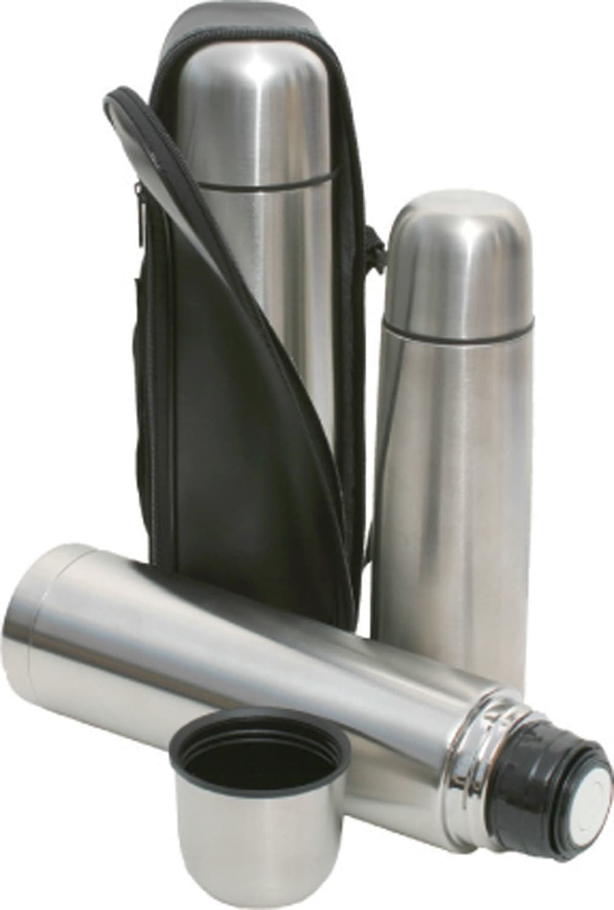 Three stainless steel thermos flasks are shown. One is stored upright in a black carrying case, another stands beside it, and the third is lying horizontally with its lid off, revealing the black interior. A cup is in front of the horizontal flask.