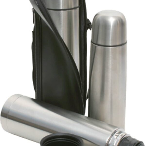 Three stainless steel thermos flasks, one lying horizontally with its lid removed, and two standing vertically, are placed alongside a black zippered case. A small lid serves as a cup in front of the horizontal flask.