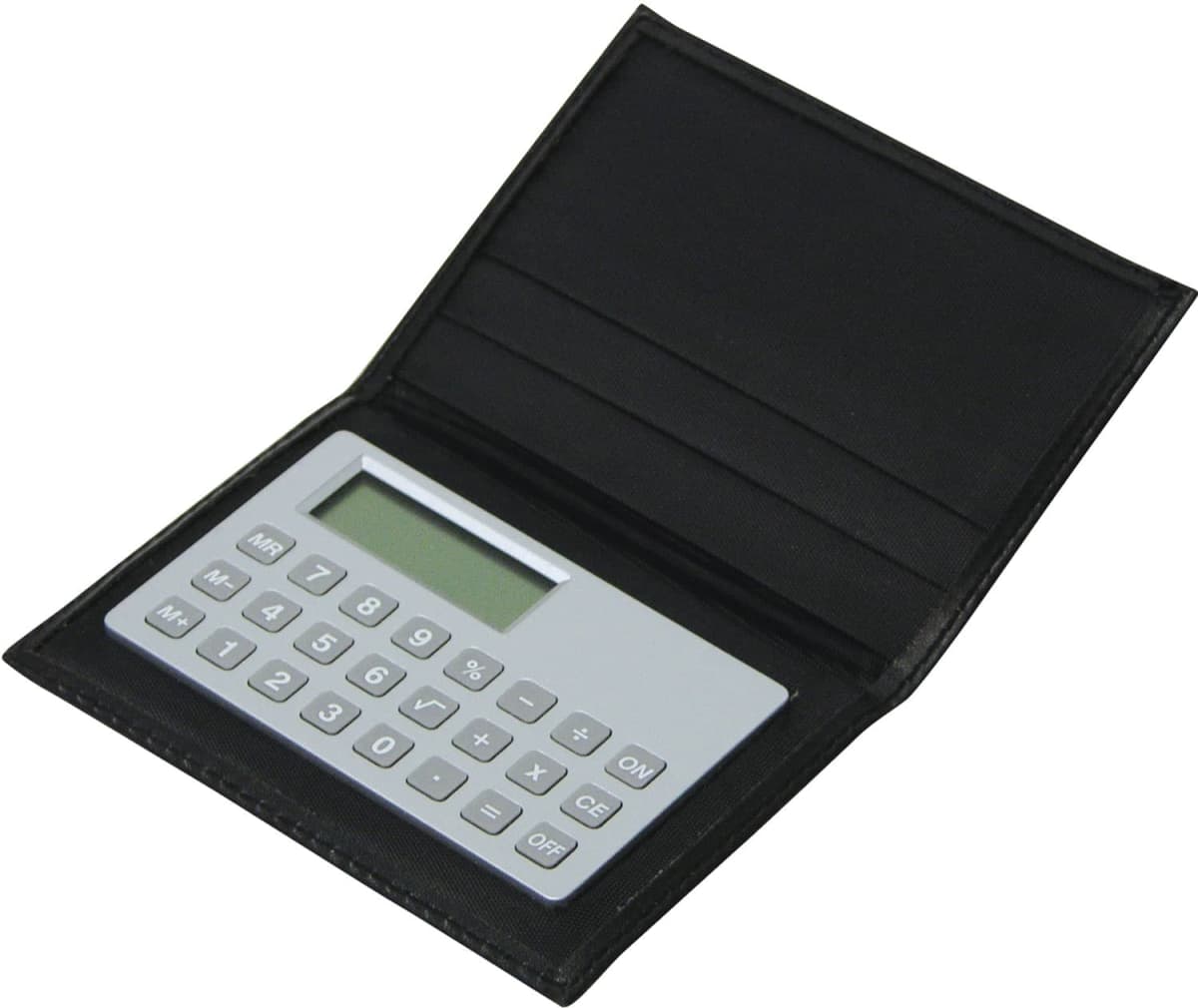 A slim, portable calculator enclosed in a black folding cover. The calculator features a standard numeric keypad and a small display screen, with function buttons including memory and basic arithmetic operations. The cover has card slots.