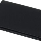 A black leather wallet, closed and resting on a white background. The wallet has a smooth texture and an elegant, minimalist design.