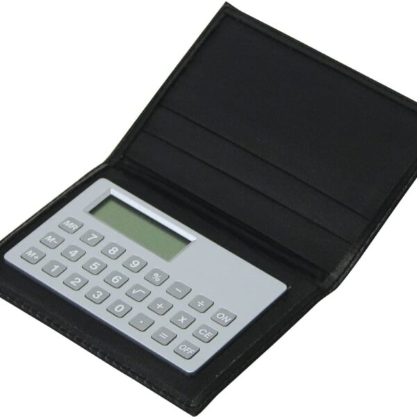 A slim, rectangular calculator housed in a black folding case, partially open. The calculator has a grey panel with white buttons and a small screen. The case includes slots on the opposite side for holding cards or papers.