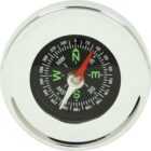A close-up of a circular compass with a silver rim. The compass face features black background, white degree markings, and cardinal directions labeled in green. A red needle points towards the northeast direction.
