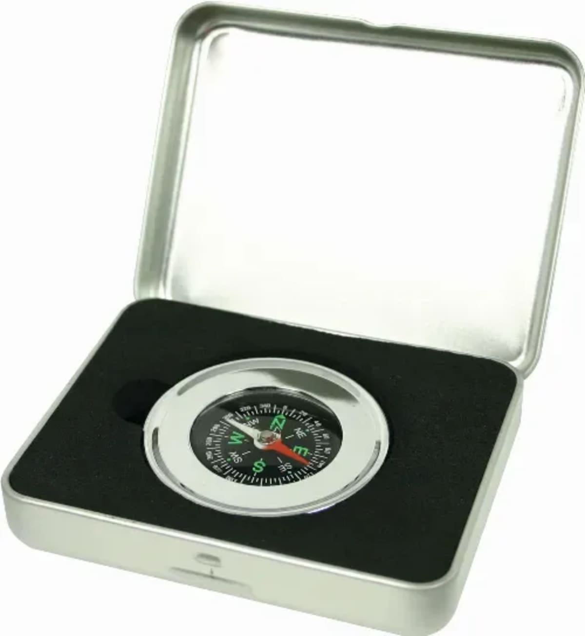A silver compass with a black face displaying cardinal directions is set in a foam-lined metal case. The compass needle is pointing towards north. The case is open and has a hinged lid.
