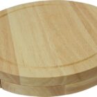 A round wooden cutting board with a thick edge and a smooth surface. It has a light brown natural wood finish and appears sturdy and durable.