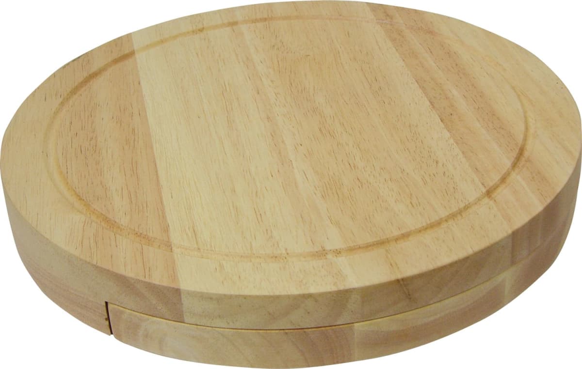 A round wooden cutting board with a thick edge and a smooth surface. It has a light brown natural wood finish and appears sturdy and durable.