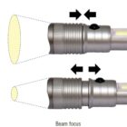 Diagram showing a flashlight with two focus options: narrow beam and wide beam. The top image illustrates a wide beam with arrows pointing inward, while the bottom shows a narrow beam with arrows pointing outward. Text below reads Beam focus.