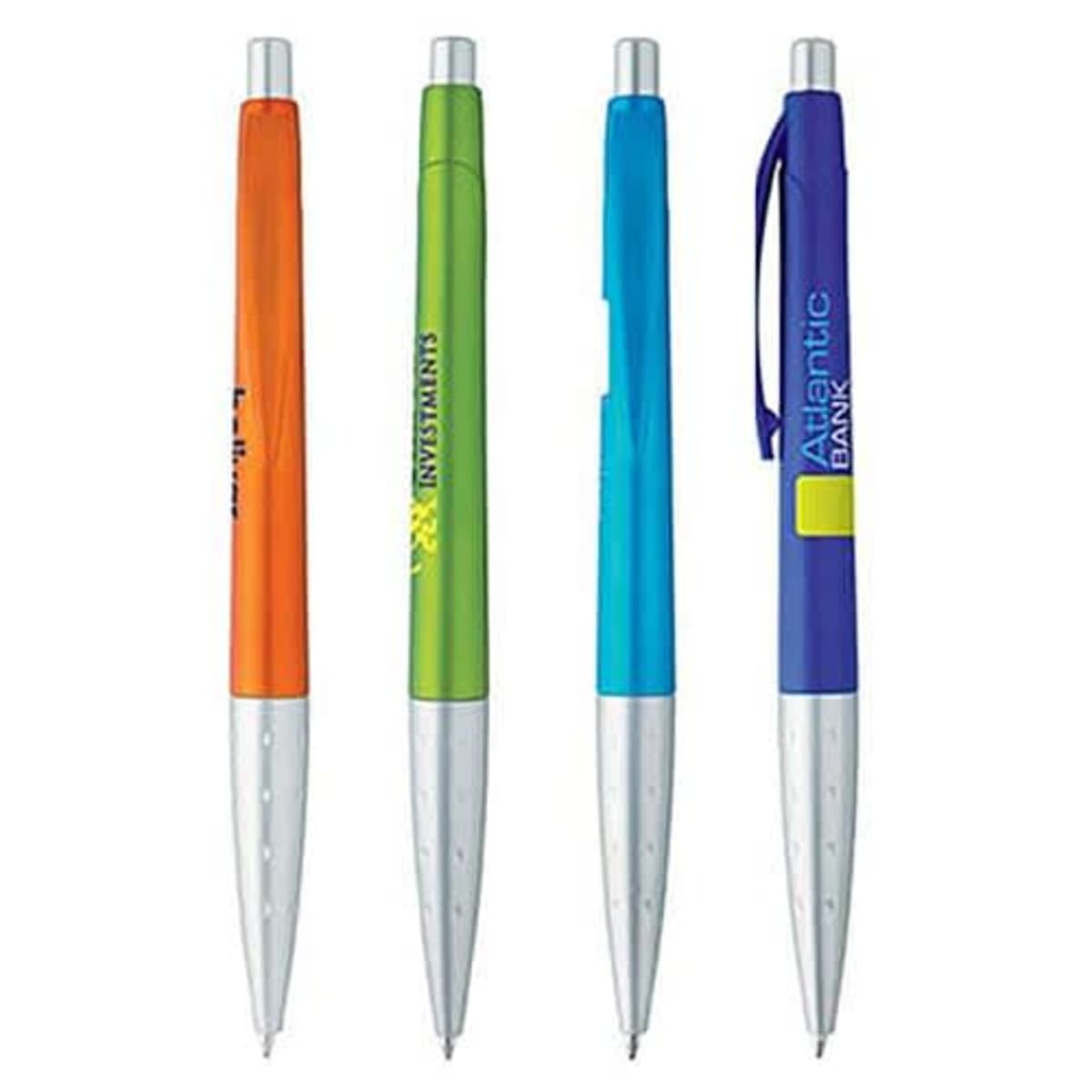 Four colorful pens with silver tips are lined up. Each has a different color: orange, green, light blue, and dark blue, featuring various logos and text on the barrels.
