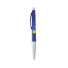A blue and silver retractable ballpoint pen with a clip. The pen has a branded logo on its barrel, featuring a yellow accent near the middle.