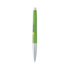 A green and silver pen with a click mechanism, featuring a graphic of a yellow flower and the word sunshine on the barrel. The pen has a sleek design and metallic lower half with a pointed tip.