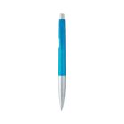 A blue and silver retractable ballpoint pen with a sleek design, resting vertically against a white background.