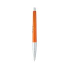 A retractable ballpoint pen with an orange upper barrel and a white lower barrel featuring small grips. The pen is positioned vertically against a plain white background.