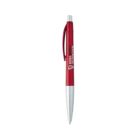 A red and silver ballpoint pen with a clip is shown. The pen features white text and a logo near the top.