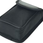 A black fabric pouch with a flap cover, designed for carrying small items. The pouch has rounded edges and a textured appearance, suggesting its made from a durable material.