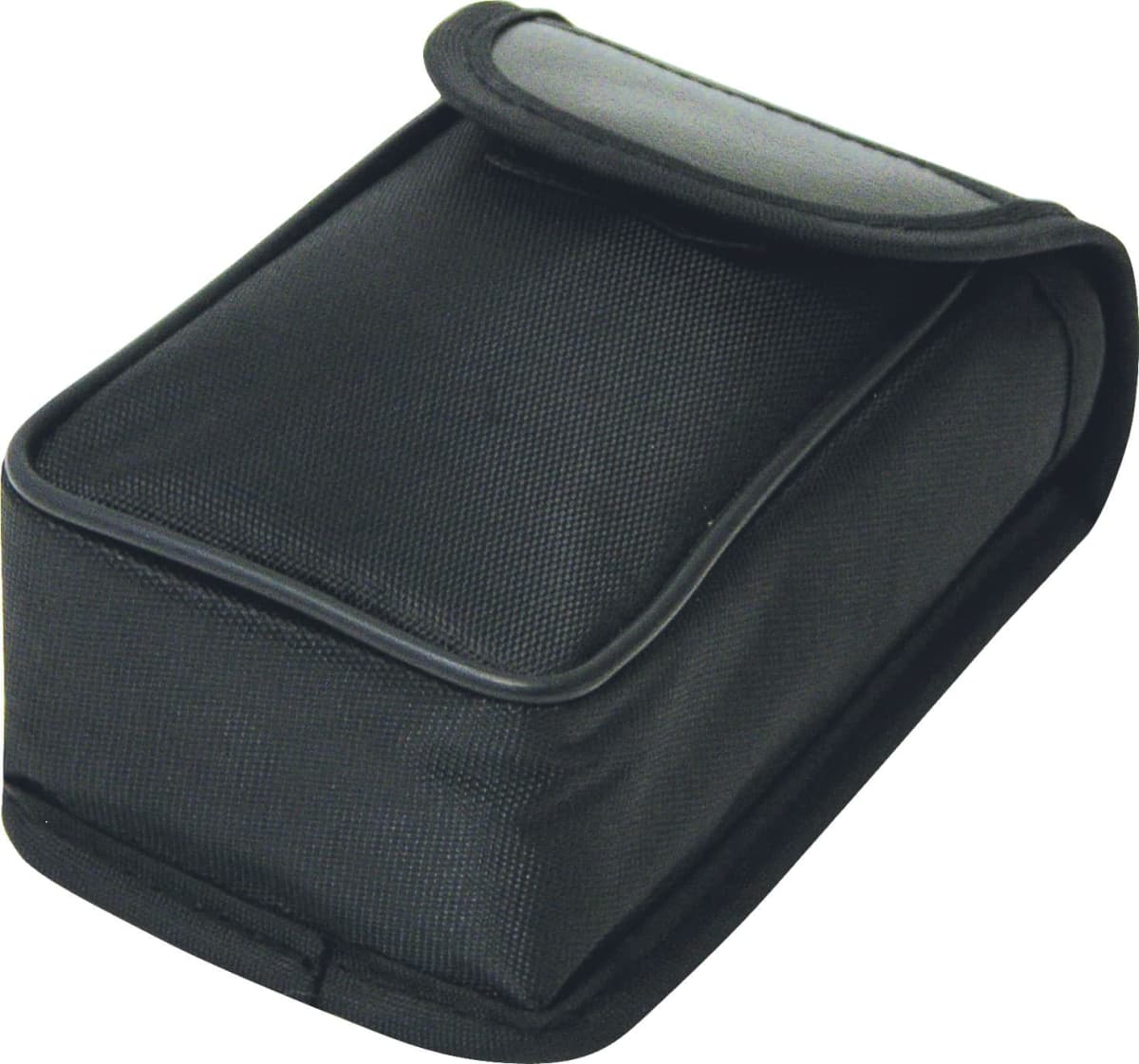 A black fabric pouch with a flap cover, designed for carrying small items. The pouch has rounded edges and a textured appearance, suggesting its made from a durable material.