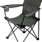 A black folding camping chair with armrests and a cup holder on the right armrest. The chair has a fabric seat and backrest, and sturdy metal legs.