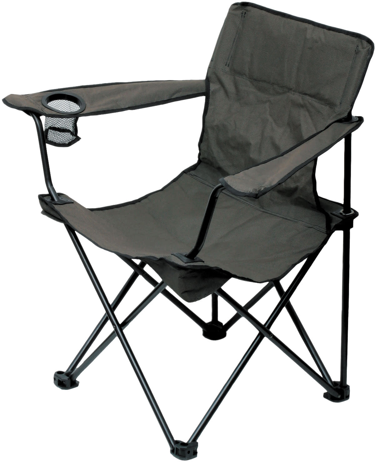 A black folding camping chair with armrests and a cup holder on the right armrest. The chair has a fabric seat and backrest, and sturdy metal legs.