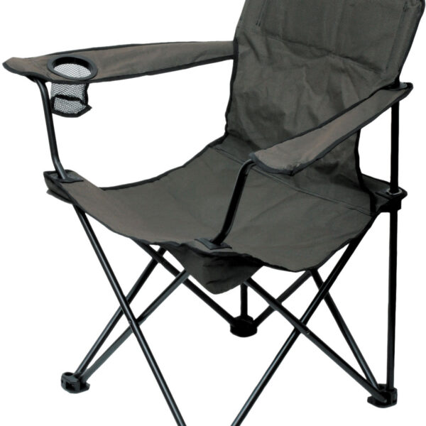 A black foldable camping chair with armrests and a mesh cup holder on one arm. The chair has a sturdy metal frame and fabric seat.
